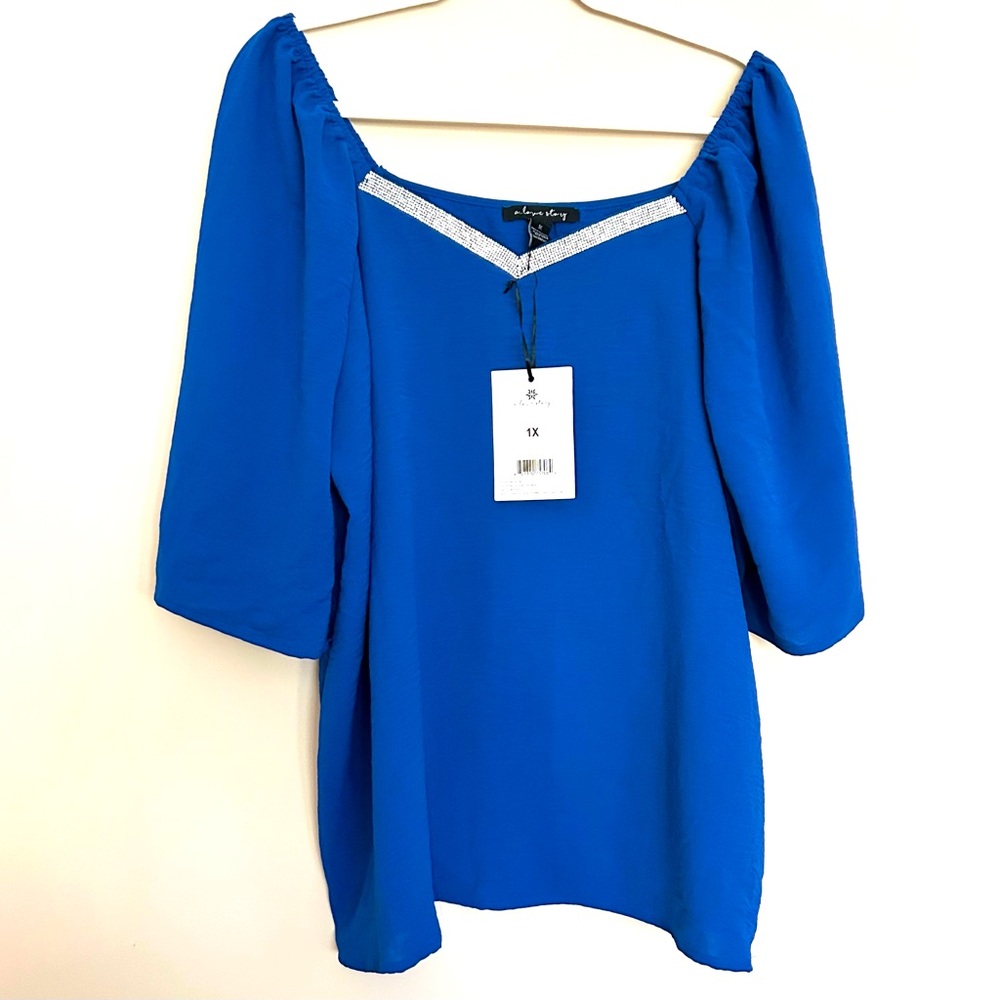 🆕 A Love Story Women’s Elegant Royal Blue Blouse with Silver Accent